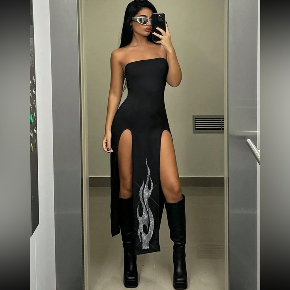 Women's Bodycon Black Dress With Flame Rhinestone & Slit Design